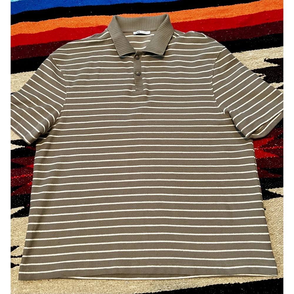 Zara Striped Textured Polo Shirt Brown mens XL